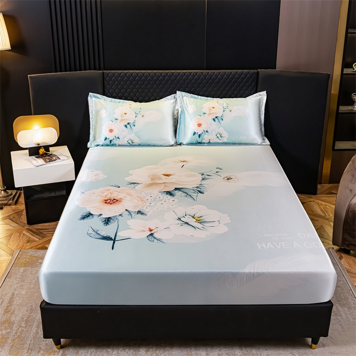 91家纺网 家纺一手货源 找家纺 梦舒羽 2025新款大版可水洗冰丝床笠宿舍床垫保护套三件套 花语