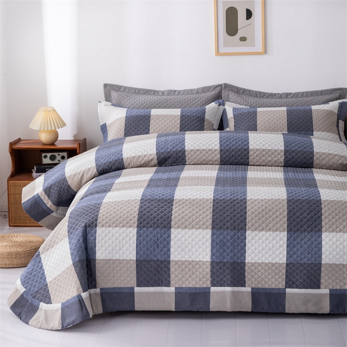 91家纺网 家纺一手货源 找家纺 优乐家纺 2025新款全棉床盖三件套水洗纯棉夹棉绗缝加厚铺盖 蓝大格