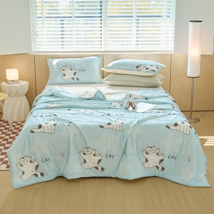 91家纺网 家纺一手货源 找家纺 吾诺家居 2024新款凉感冰柔丝印花夏被 蓝底猫