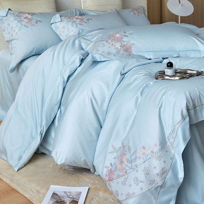 91家纺网 家纺一手货源 找家纺 红番天家居馆 2025新款长绒棉全棉绣花四件套--花间意境系列 西子蓝