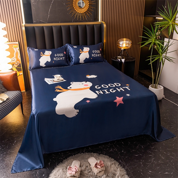 91家纺网 家纺一手货源 找家纺 梦舒羽 2025新款大版可水洗冰丝床单宿舍床垫保护罩三件套 白白熊