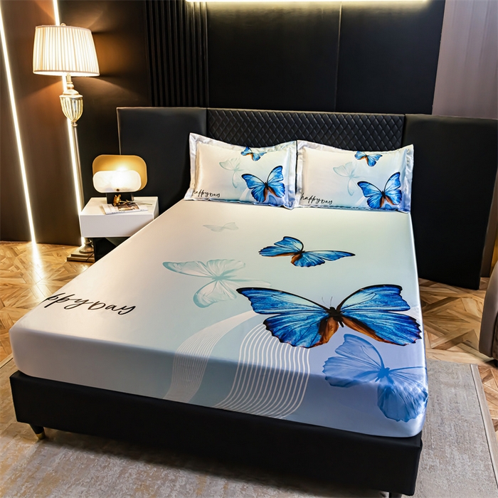 91家纺网 家纺一手货源 找家纺 梦舒羽 2025新款大版可水洗冰丝床笠宿舍床垫保护套三件套 蓝蝴蝶