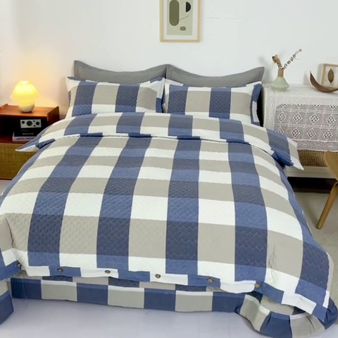 91家纺网 家纺一手货源 找家纺 优乐家纺 2025新款全棉水洗纯棉夹棉绗缝加厚四件套 蓝大格