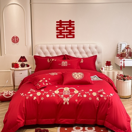遇见家居生活馆 2024新款全棉刺绣婚庆四件套 幸福约定-大红