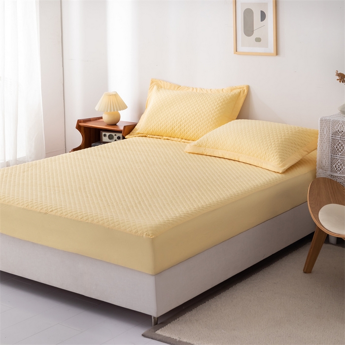 91家纺网 家纺一手货源 找家纺 优乐家纺 2025新款全棉床笠水洗纯棉夹棉绗缝加厚床笠 香橙黄