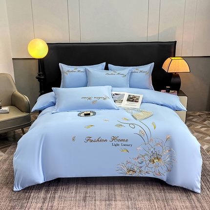 91家纺网 家纺一手货源 找家纺 孟鑫 2025新款臻柔棉绣花四件套花韵系列 花韵-天空蓝