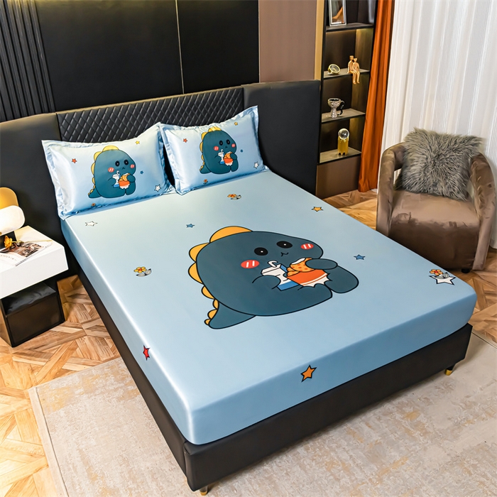 91家纺网 家纺一手货源 找家纺 梦舒羽 2025新款大版可水洗冰丝床笠宿舍床垫保护套三件套 小恐龙