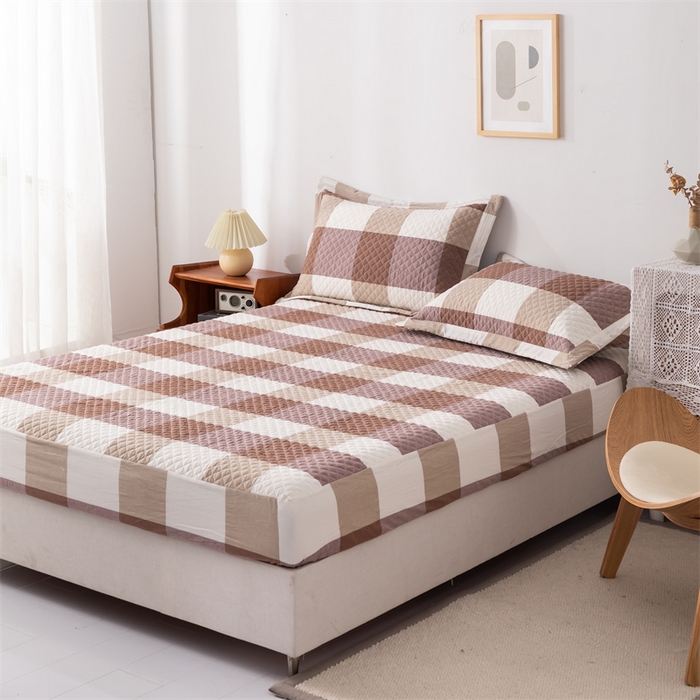 91家纺网 家纺一手货源 找家纺 优乐家纺 2025新款全棉床笠水洗纯棉夹棉绗缝加厚床笠 咖大格