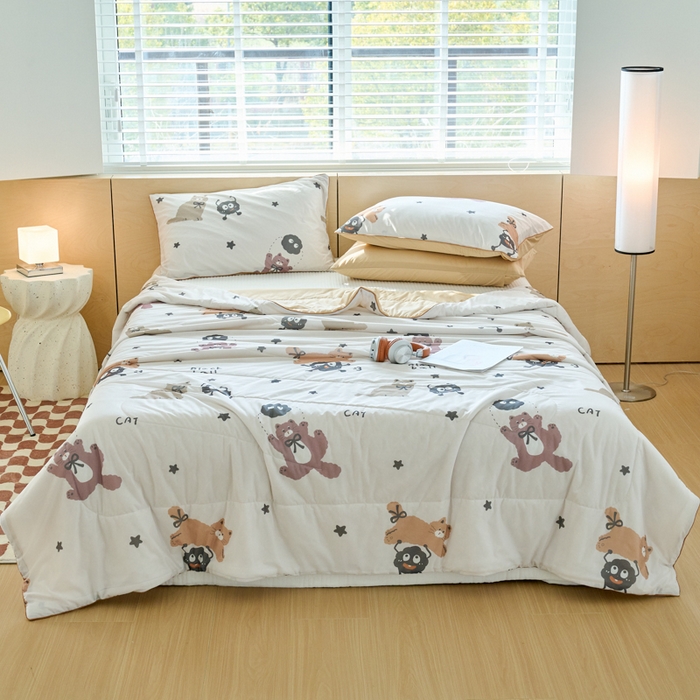 91家纺网 家纺一手货源 找家纺 吾诺家居 2024新款凉感冰柔丝印花夏被 咖啡猫