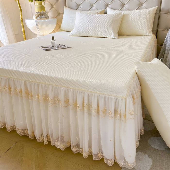 91家纺网 家纺一手货源 找家纺 恒爱A类冰丝豆豆床裙款国色天香系列凉席 象牙白