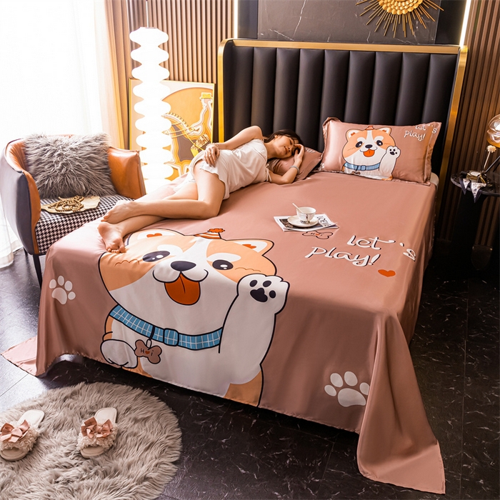 91家纺网 家纺一手货源 找家纺 梦舒羽 2025新款大版可水洗冰丝床单宿舍床垫保护罩三件套 可爱汪