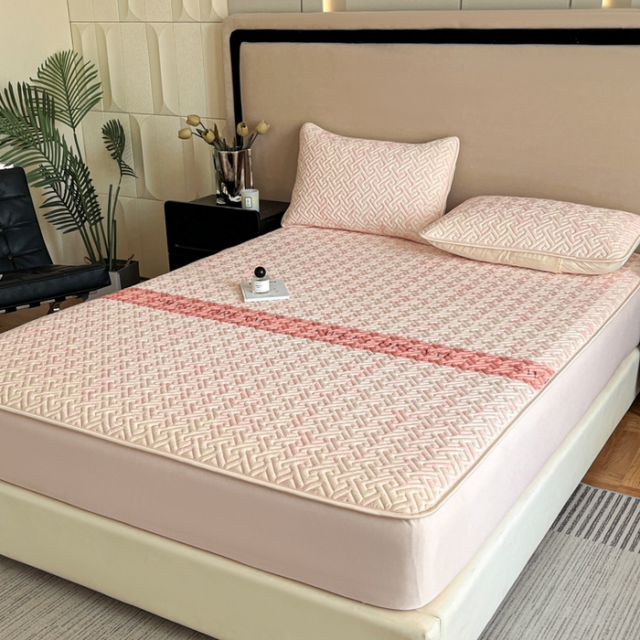 91家纺网 家纺一手货源 找家纺 诺梵 2024年凉感丝印花乳胶凉席床笠三件套 暖暖粉