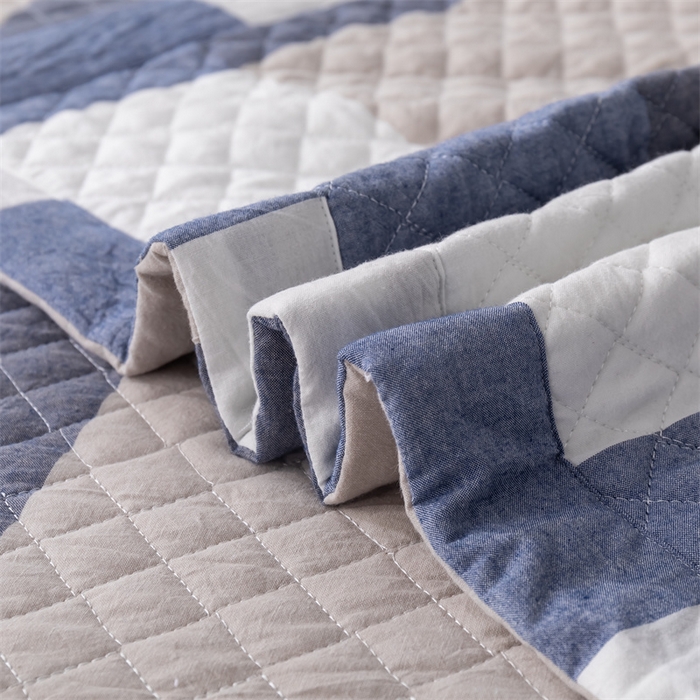 91家纺网 家纺一手货源 找家纺 优乐家纺 2025新款全棉床盖三件套水洗纯棉夹棉绗缝加厚铺盖 蓝大格