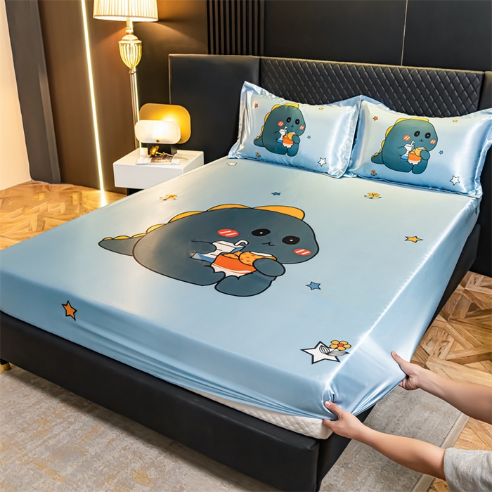 91家纺网 家纺一手货源 找家纺 梦舒羽 2025新款大版可水洗冰丝床笠宿舍床垫保护套三件套 小恐龙