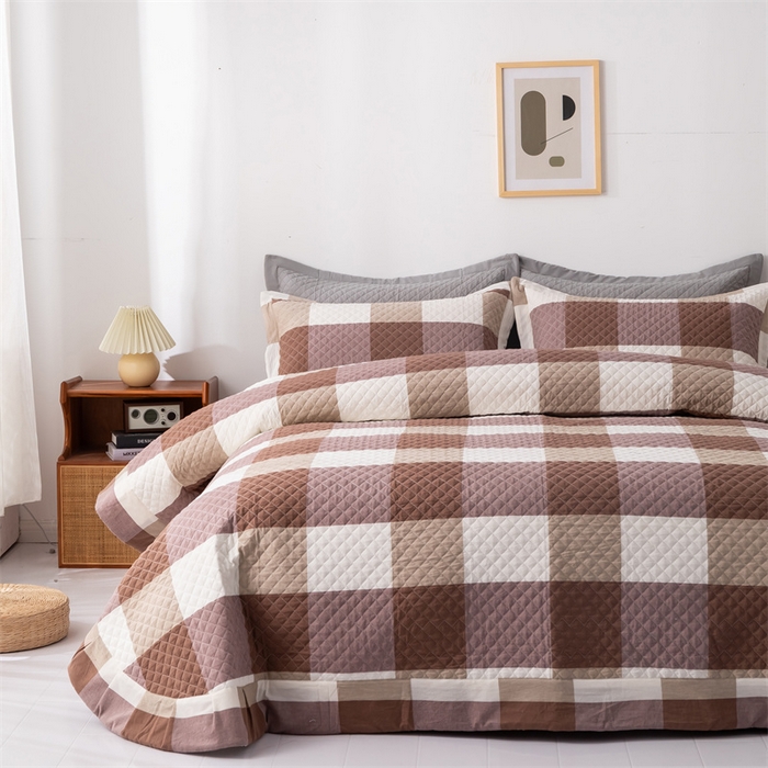 91家纺网 家纺一手货源 找家纺 优乐家纺 2025新款全棉床盖三件套水洗纯棉夹棉绗缝加厚铺盖 咖大格