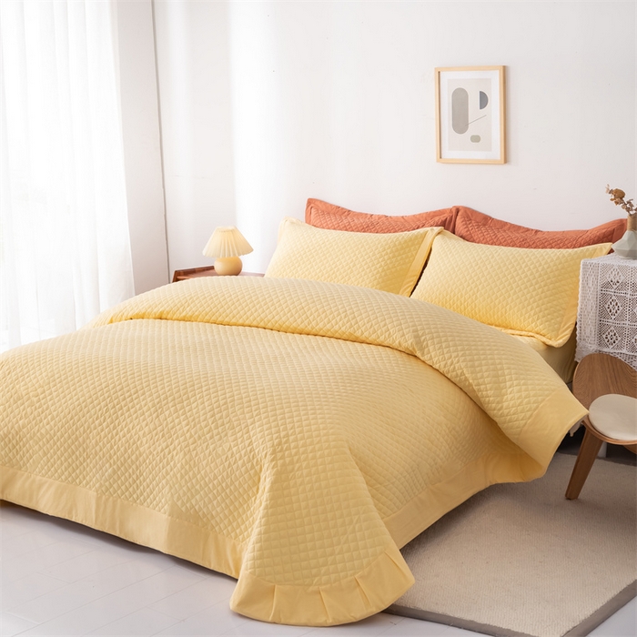 91家纺网 家纺一手货源 找家纺 优乐家纺 2025新款全棉床盖三件套水洗纯棉夹棉绗缝加厚铺盖 香橙黄