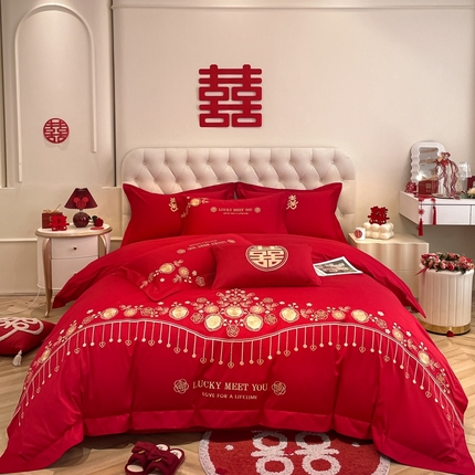 遇见家居生活馆 2024新款全棉刺绣婚庆四件套 浪漫相随-大红