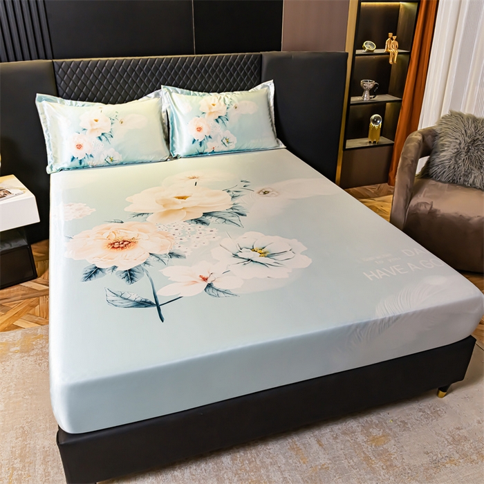 91家纺网 家纺一手货源 找家纺 梦舒羽 2025新款大版可水洗冰丝床笠宿舍床垫保护套三件套 花语
