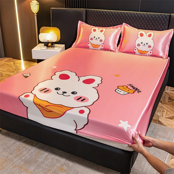 91家纺网 家纺一手货源 找家纺 梦舒羽 2025新款大版可水洗冰丝床笠宿舍床垫保护套三件套 小兔叽