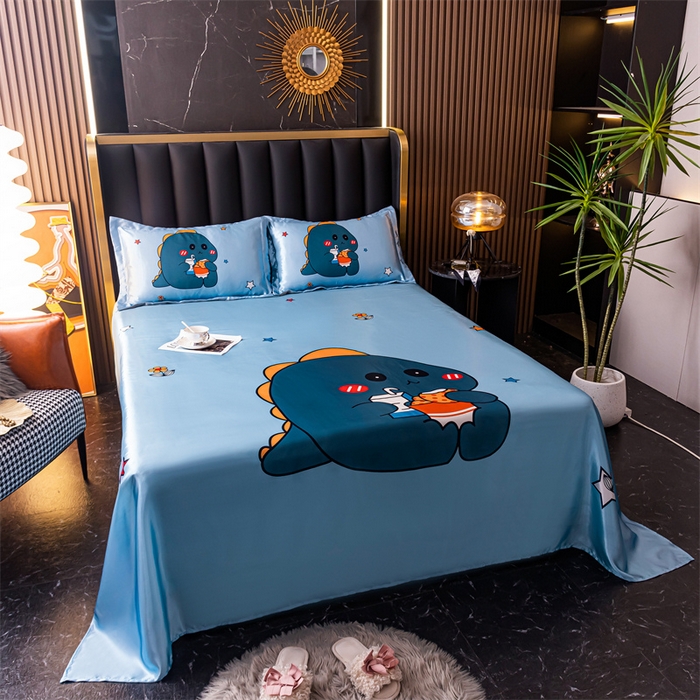 91家纺网 家纺一手货源 找家纺 梦舒羽 2025新款大版可水洗冰丝床单宿舍床垫保护罩三件套 小恐龙
