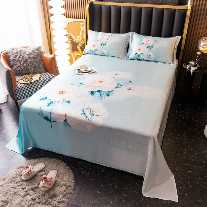 91家纺网 家纺一手货源 找家纺 梦舒羽 2025新款大版可水洗冰丝床单宿舍床垫保护罩三件套 花语
