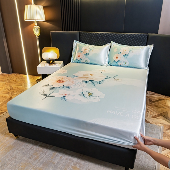 91家纺网 家纺一手货源 找家纺 梦舒羽 2025新款大版可水洗冰丝床笠宿舍床垫保护套三件套 花语