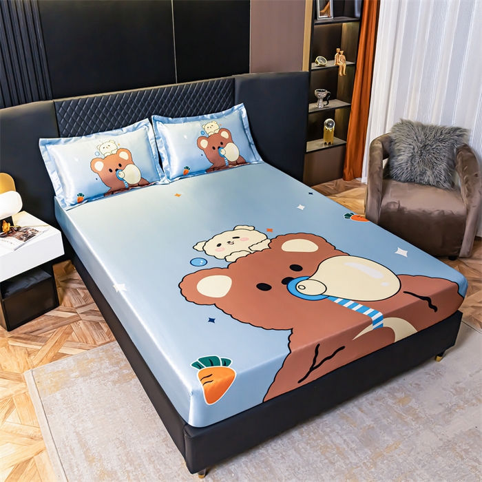 91家纺网 家纺一手货源 找家纺 梦舒羽 2025新款大版可水洗冰丝床笠宿舍床垫保护套三件套 抱抱熊