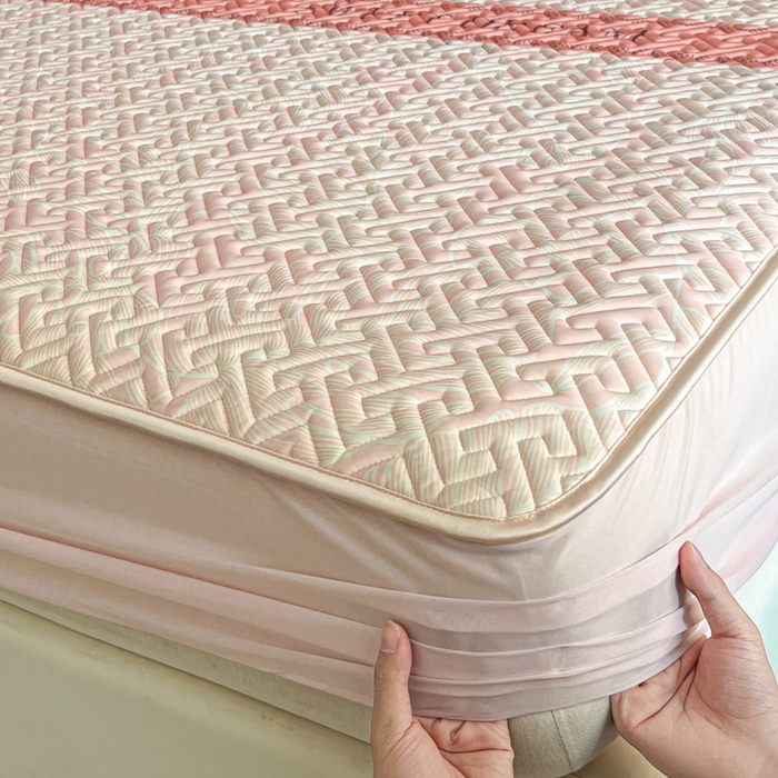 91家纺网 家纺一手货源 找家纺 诺梵 2024年凉感丝印花乳胶凉席床笠三件套 暖暖粉