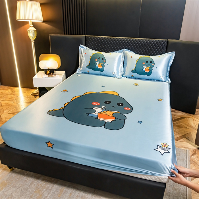 91家纺网 家纺一手货源 找家纺 梦舒羽 2025新款大版可水洗冰丝床笠宿舍床垫保护套三件套 小恐龙