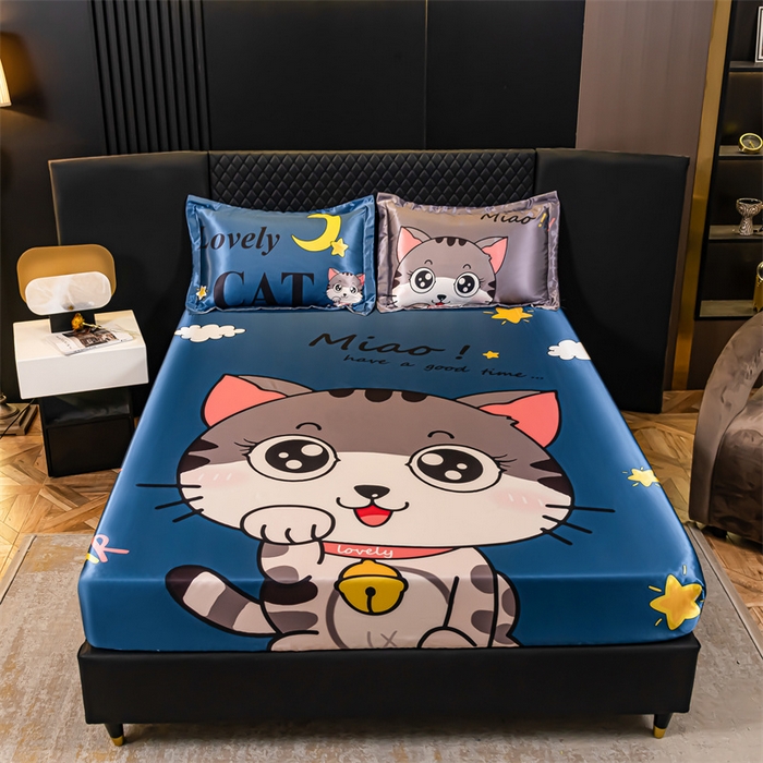 91家纺网 家纺一手货源 找家纺 梦舒羽 2025新款大版可水洗冰丝床笠宿舍床垫保护套三件套 招财小猫