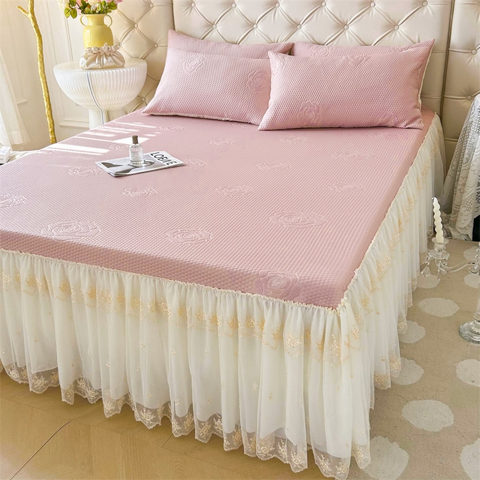 91家纺网 家纺一手货源 找家纺 恒爱A类冰丝豆豆床裙款国色天香系列凉席 粉玉