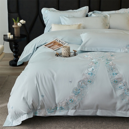 91家纺网 家纺一手货源 找家纺 红番天家居馆 全棉长绒棉刺绣四件套-浪漫系列 长绒棉-浪漫-西子蓝