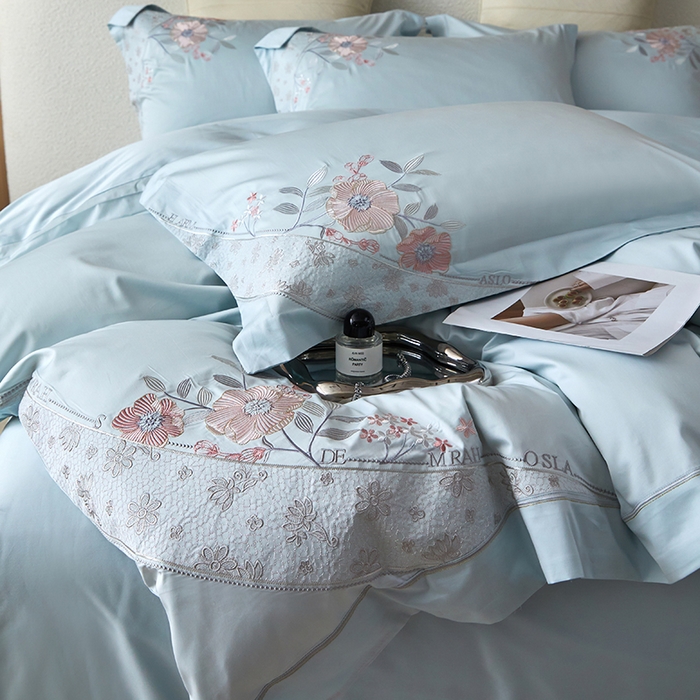 91家纺网 家纺一手货源 找家纺 红番天家居馆 2025新款长绒棉全棉绣花四件套--花间意境系列 西子蓝