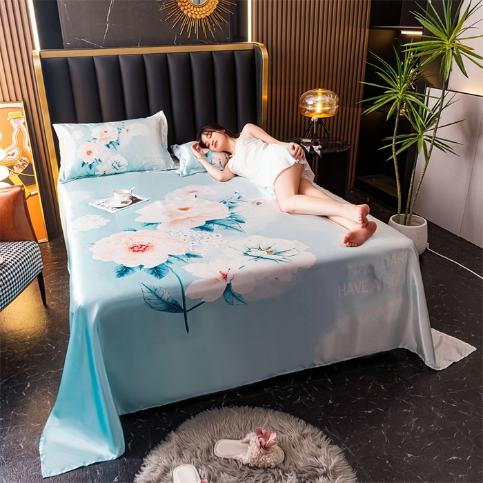 91家纺网 家纺一手货源 找家纺 梦舒羽 2025新款大版可水洗冰丝床单宿舍床垫保护罩三件套 花语