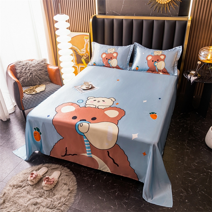 91家纺网 家纺一手货源 找家纺 梦舒羽 2025新款大版可水洗冰丝床单宿舍床垫保护罩三件套 抱抱熊