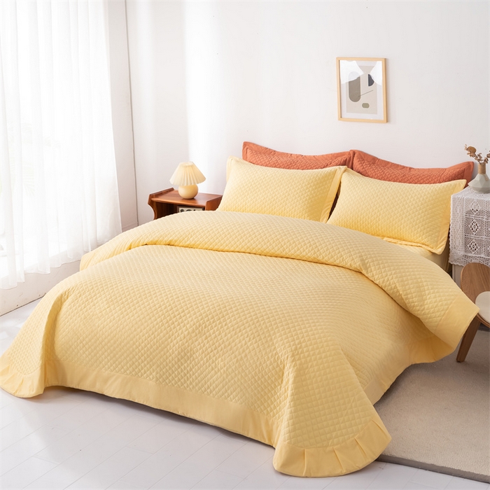91家纺网 家纺一手货源 找家纺 优乐家纺 2025新款全棉床盖三件套水洗纯棉夹棉绗缝加厚铺盖 香橙黄