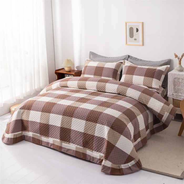 91家纺网 家纺一手货源 找家纺 优乐家纺 2025新款全棉床盖三件套水洗纯棉夹棉绗缝加厚铺盖 咖大格