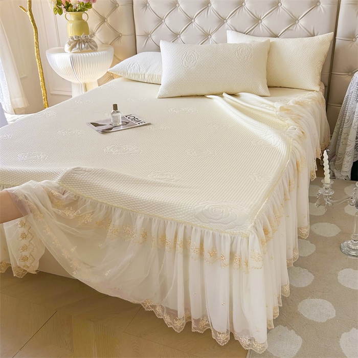 91家纺网 家纺一手货源 找家纺 恒爱A类冰丝豆豆床裙款国色天香系列凉席 象牙白