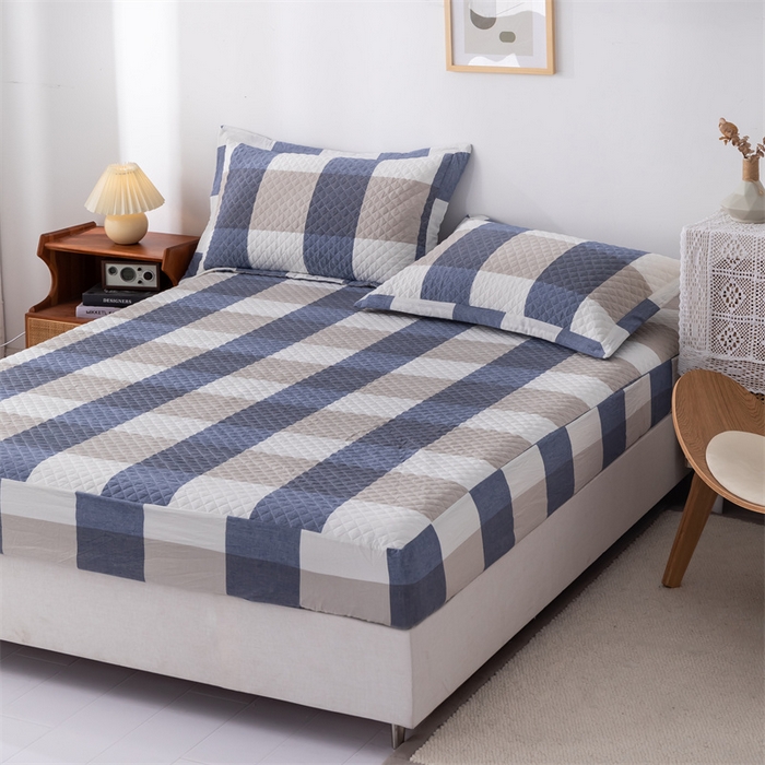 91家纺网 家纺一手货源 找家纺 优乐家纺 2025新款全棉床笠水洗纯棉夹棉绗缝加厚床笠 蓝大格