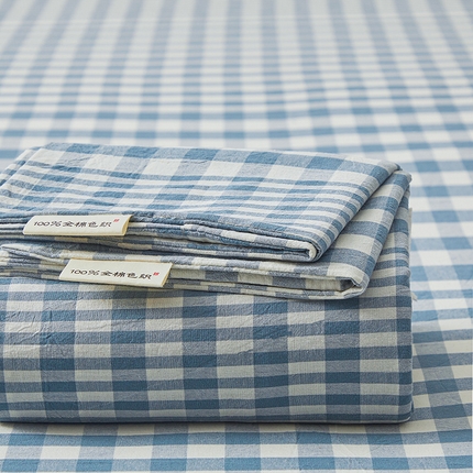 居眠 2024新款全棉色织单纯水洗棉无印 床笠 渐变格 浅蓝