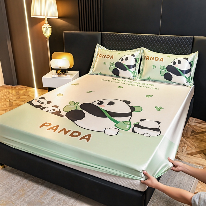 91家纺网 家纺一手货源 找家纺 梦舒羽 2025新款大版可水洗冰丝床笠宿舍床垫保护套三件套 熊猫乐园