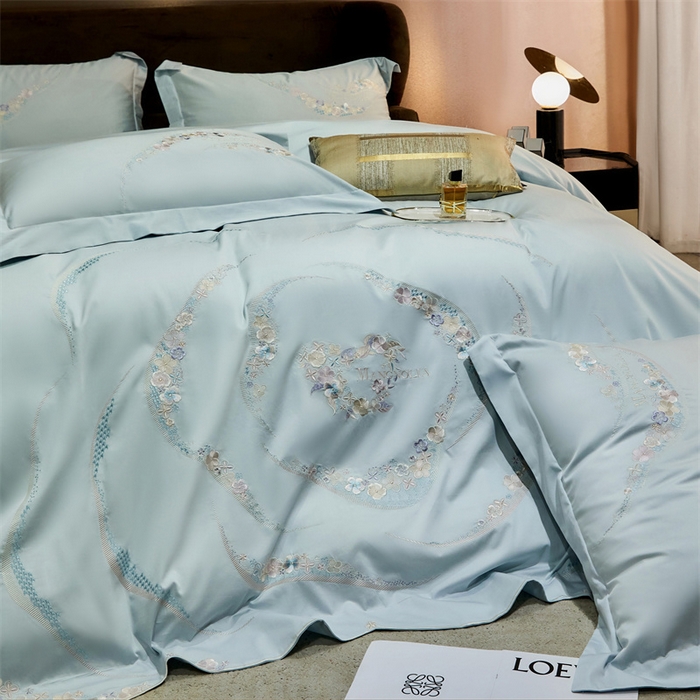 91家纺网 家纺一手货源 找家纺 红番天家居馆 2025新款全棉长绒棉绣花工艺四件套-怡悦系列 怡悦 西子蓝