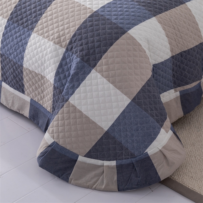 91家纺网 家纺一手货源 找家纺 优乐家纺 2025新款全棉床盖三件套水洗纯棉夹棉绗缝加厚铺盖 蓝大格