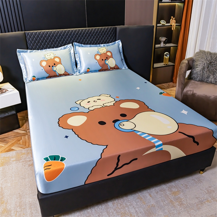 91家纺网 家纺一手货源 找家纺 梦舒羽 2025新款大版可水洗冰丝床笠宿舍床垫保护套三件套 抱抱熊