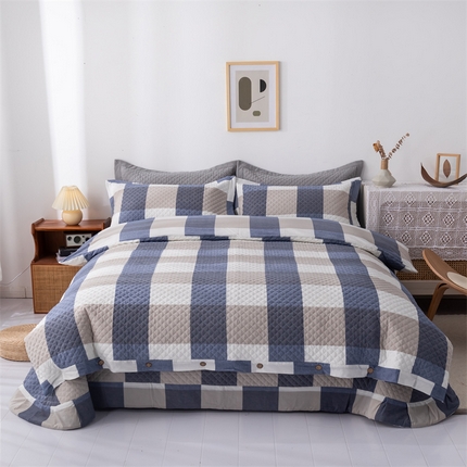 91家纺网 家纺一手货源 找家纺 优乐家纺 2025新款全棉四件套水洗纯棉夹棉绗缝加厚被罩 蓝大格