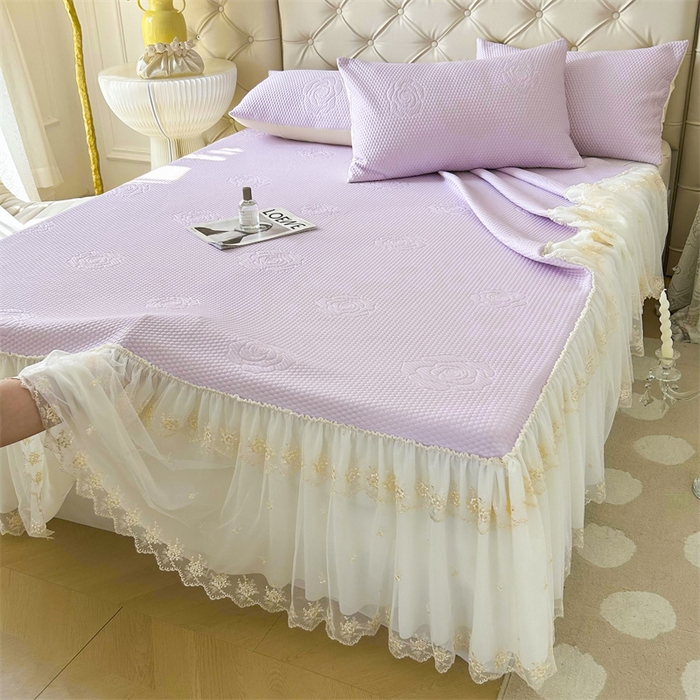 91家纺网 家纺一手货源 找家纺 恒爱A类冰丝豆豆床裙款国色天香系列凉席 浪漫紫