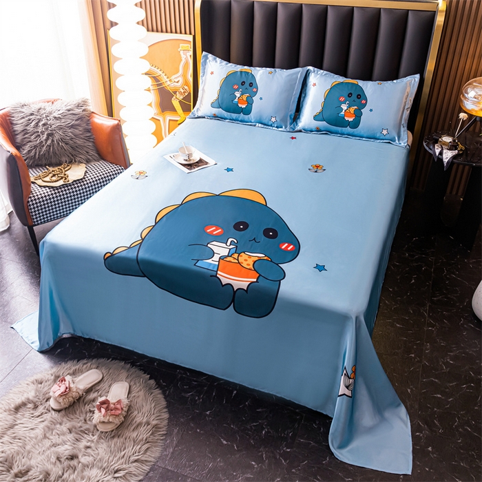 91家纺网 家纺一手货源 找家纺 梦舒羽 2025新款大版可水洗冰丝床单宿舍床垫保护罩三件套 小恐龙