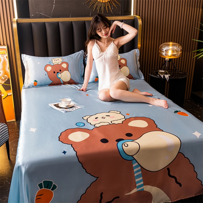 91家纺网 家纺一手货源 找家纺 梦舒羽 2025新款大版可水洗冰丝床单宿舍床垫保护罩三件套 抱抱熊