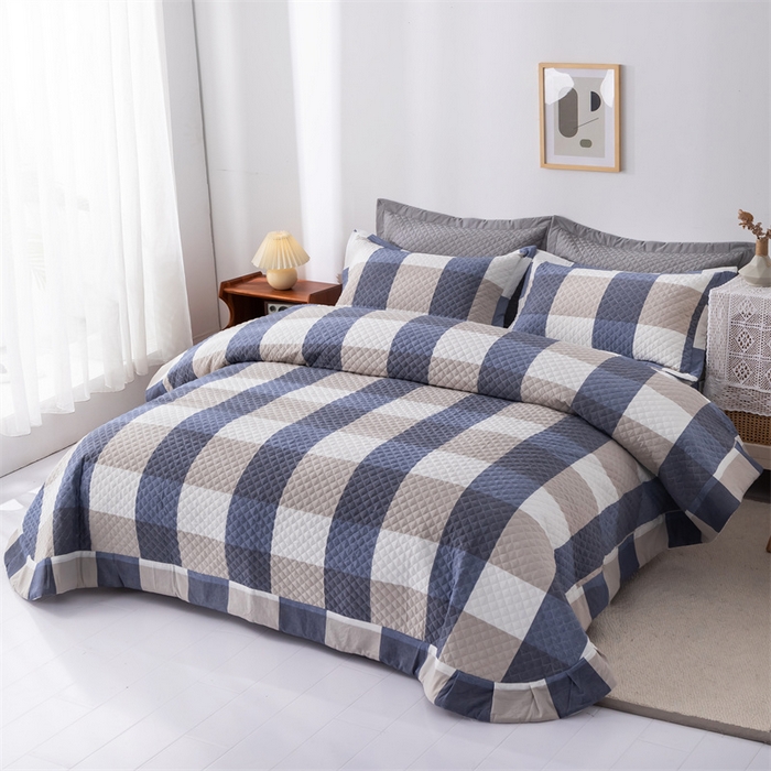 91家纺网 家纺一手货源 找家纺 优乐家纺 2025新款全棉床盖三件套水洗纯棉夹棉绗缝加厚铺盖 蓝大格