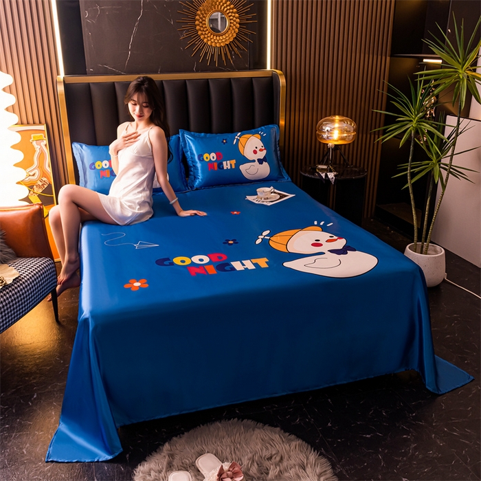 91家纺网 家纺一手货源 找家纺 梦舒羽 2025新款大版可水洗冰丝床单宿舍床垫保护罩三件套 呆萌鸭